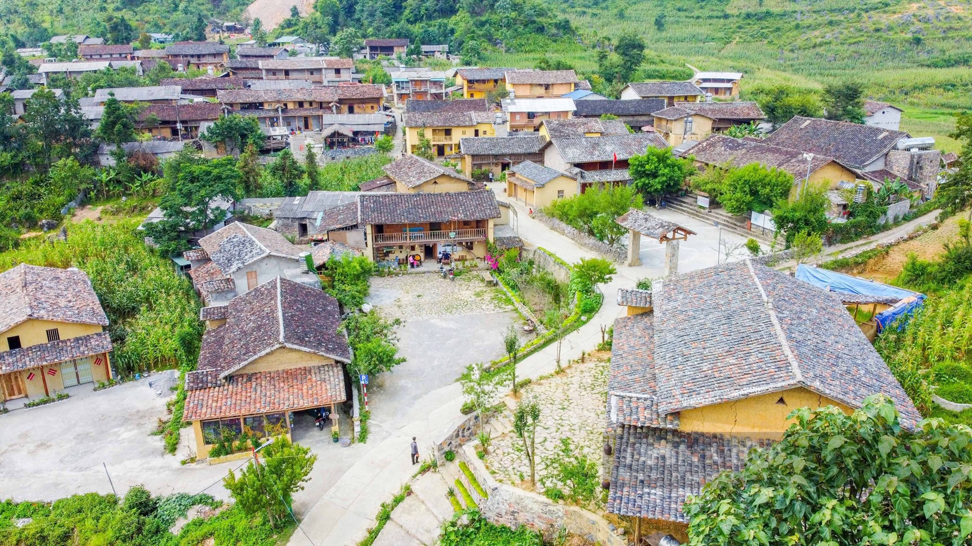 Lo Lo Chai Village Vietnam aerial view overlooking traditional earthen houses