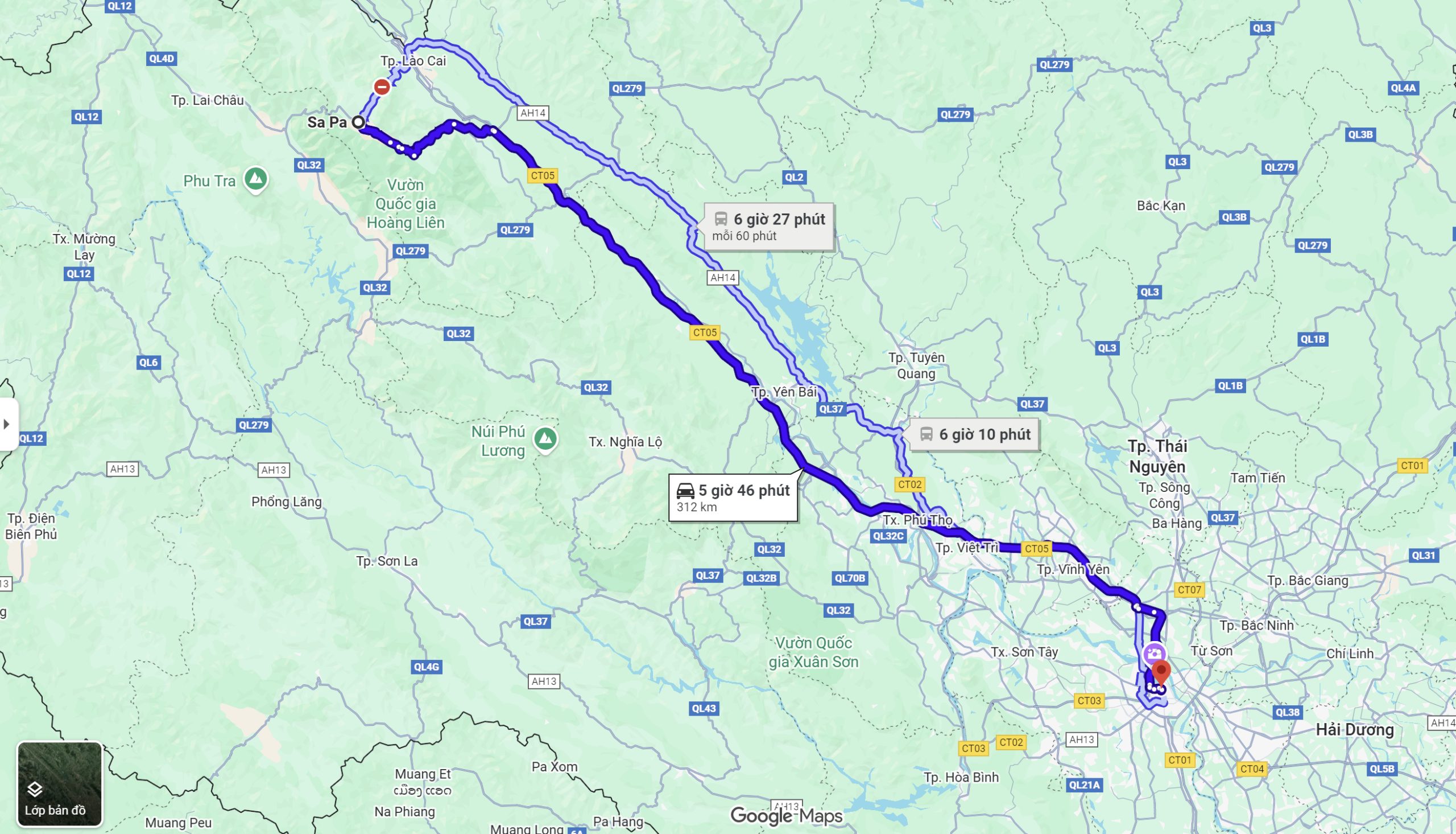 Route map connecting Hanoi and the mountain town of Sapa
