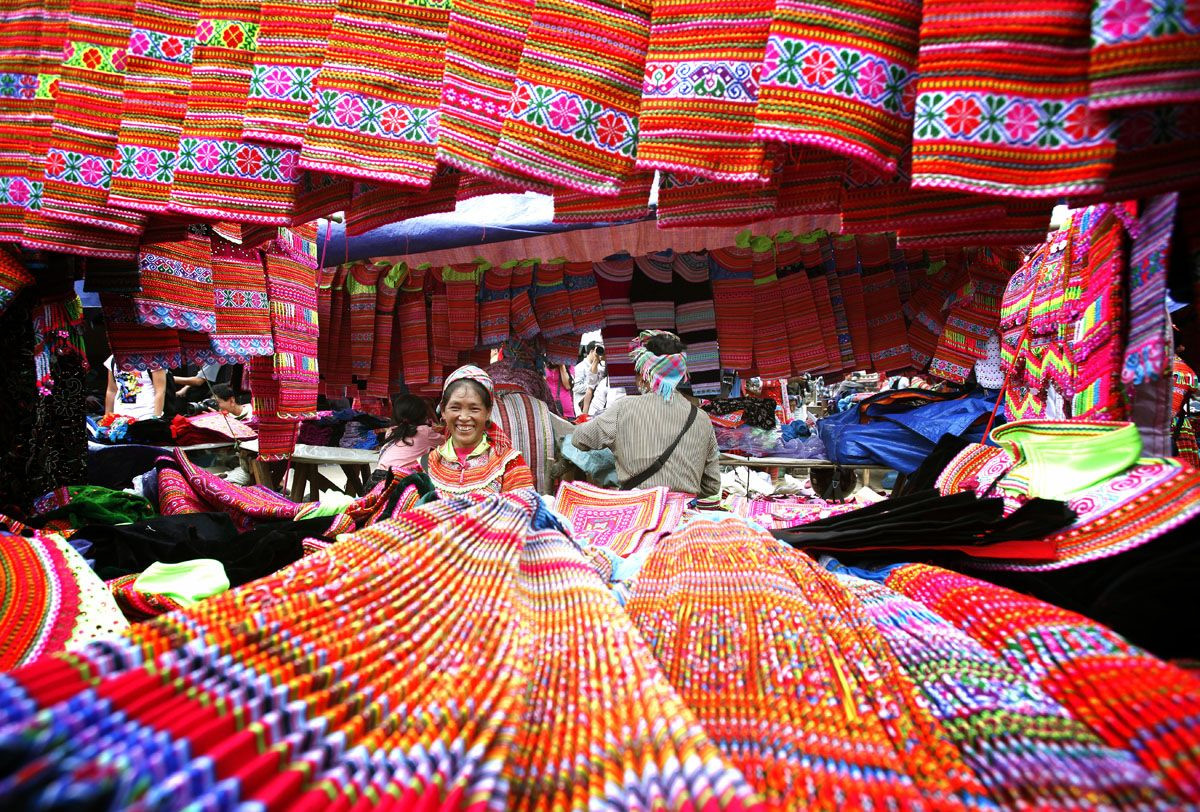Traditional market in Sapa with local products and handmade textiles