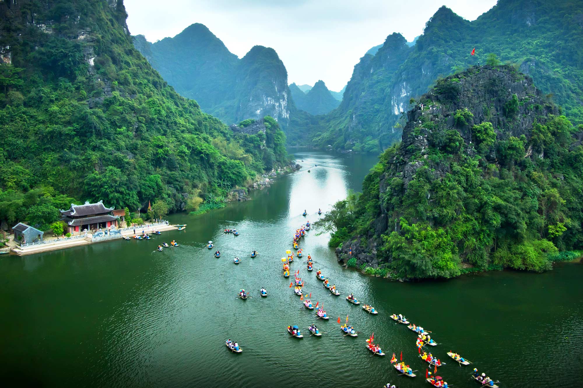 Limestone karst landscape and river scenery in Ninh Binh