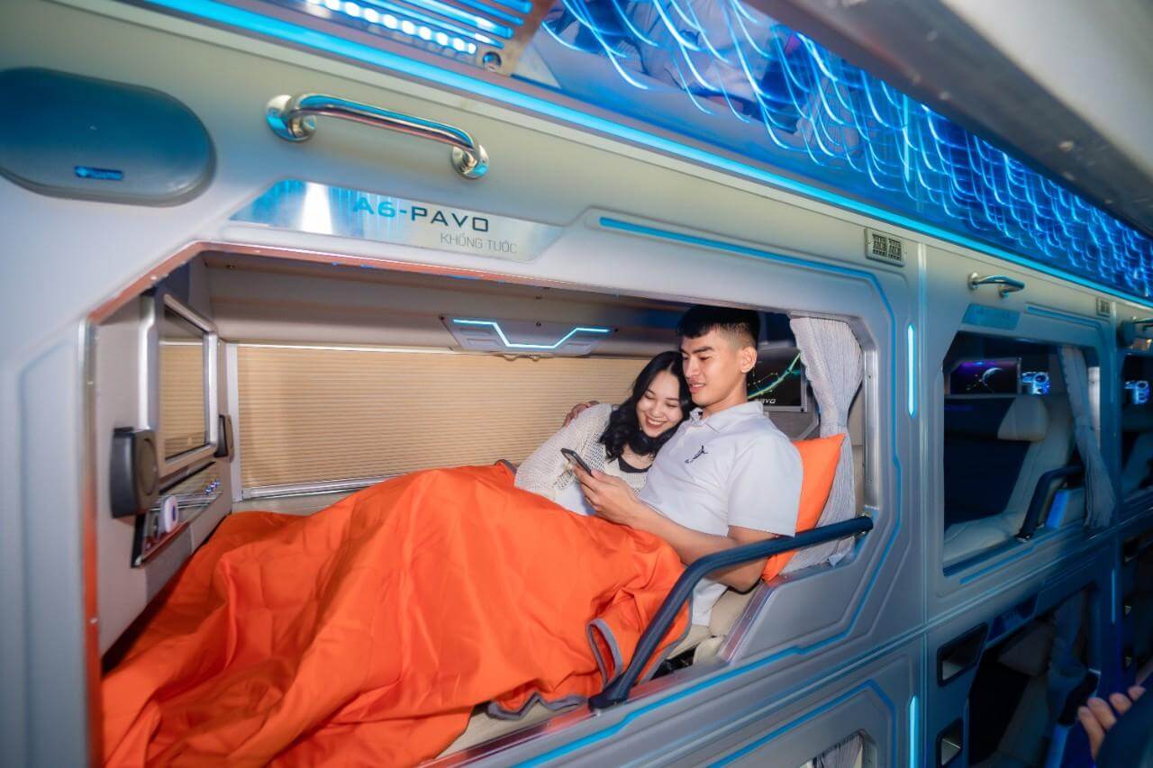 Personal sleeping space on a Vietnam sleeper bus