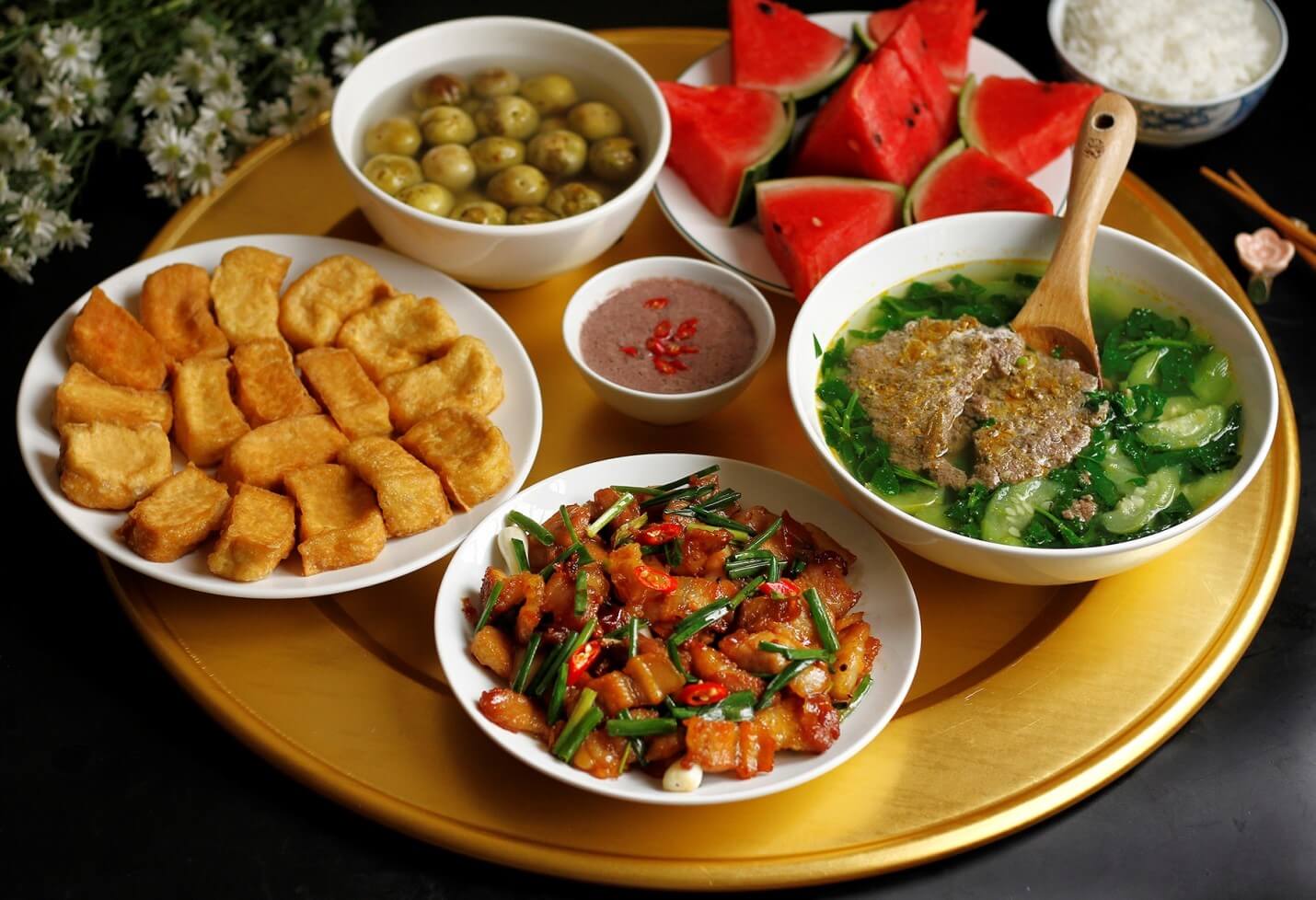 Traditional Vietnamese meal shared among family or friends