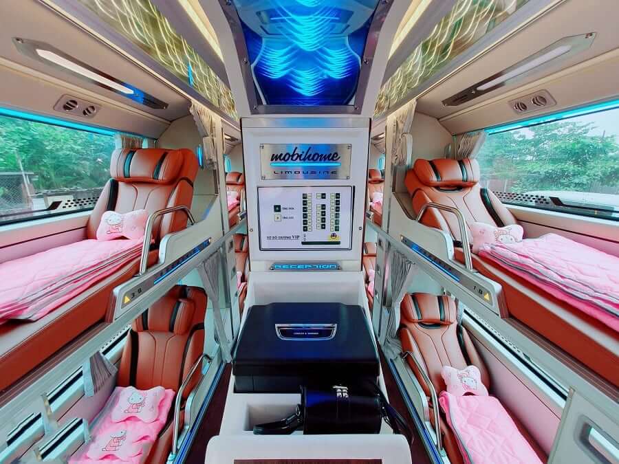 Vietnam sleeper bus interior with sleeping pods for overnight travel