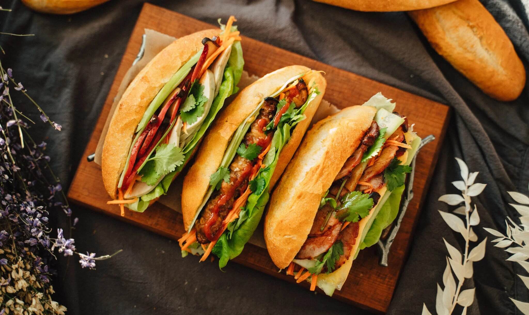 Vietnamese banh mi sandwich with fresh fillings.