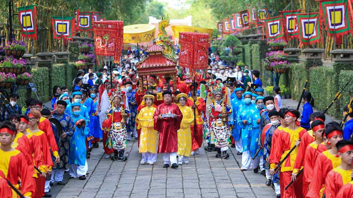 Crowds gathering during a traditional celebration in Vietnam