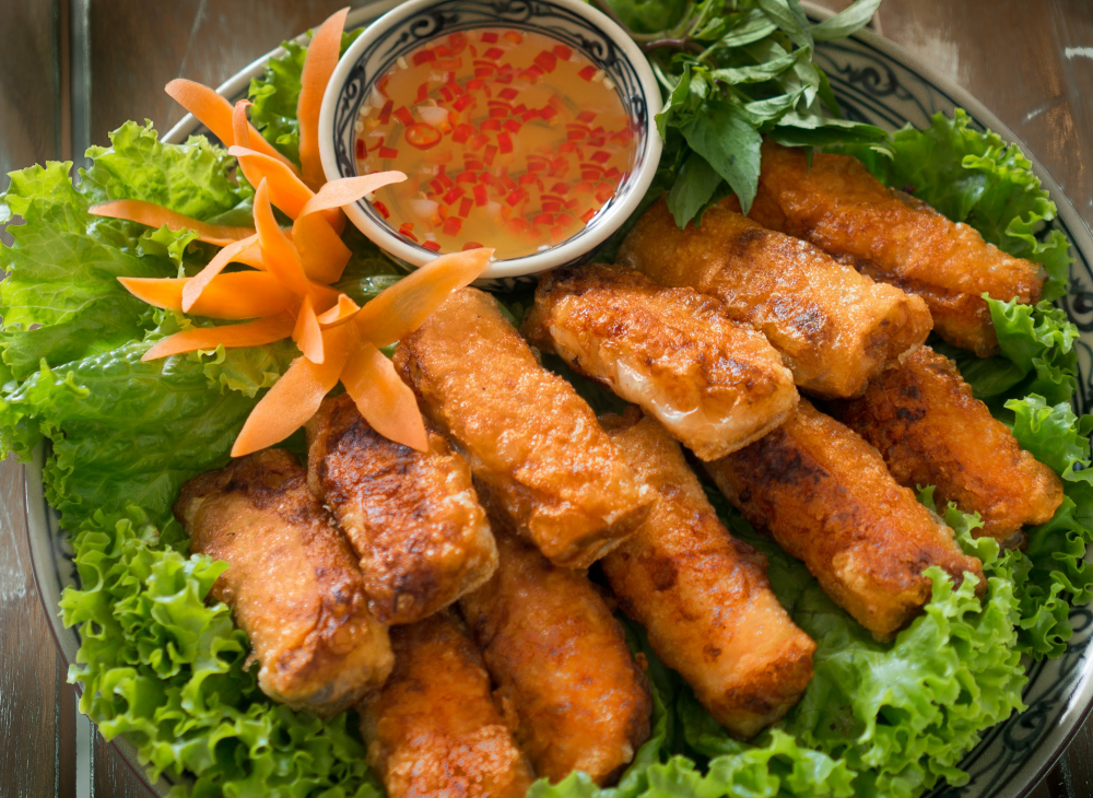 Golden fried Vietnamese spring rolls