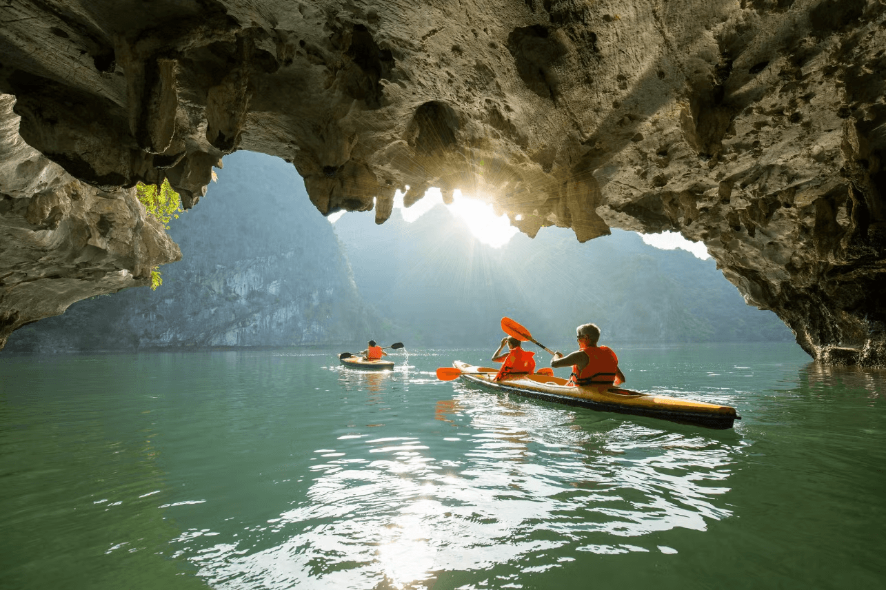 Kayaking near limestone cliffs in northern Vietnam