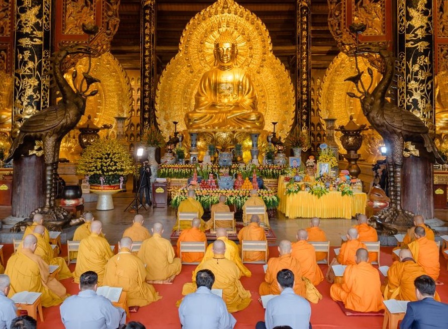 Monks leading a blessing ceremony at a pagoda