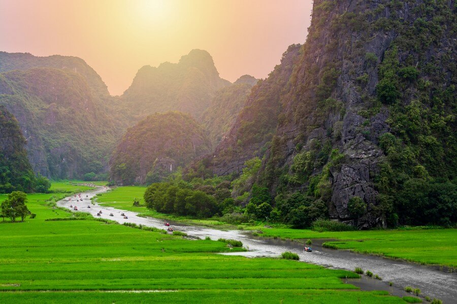 Rice fields nestled among limestone hills in Pu Luong Nature Reserve