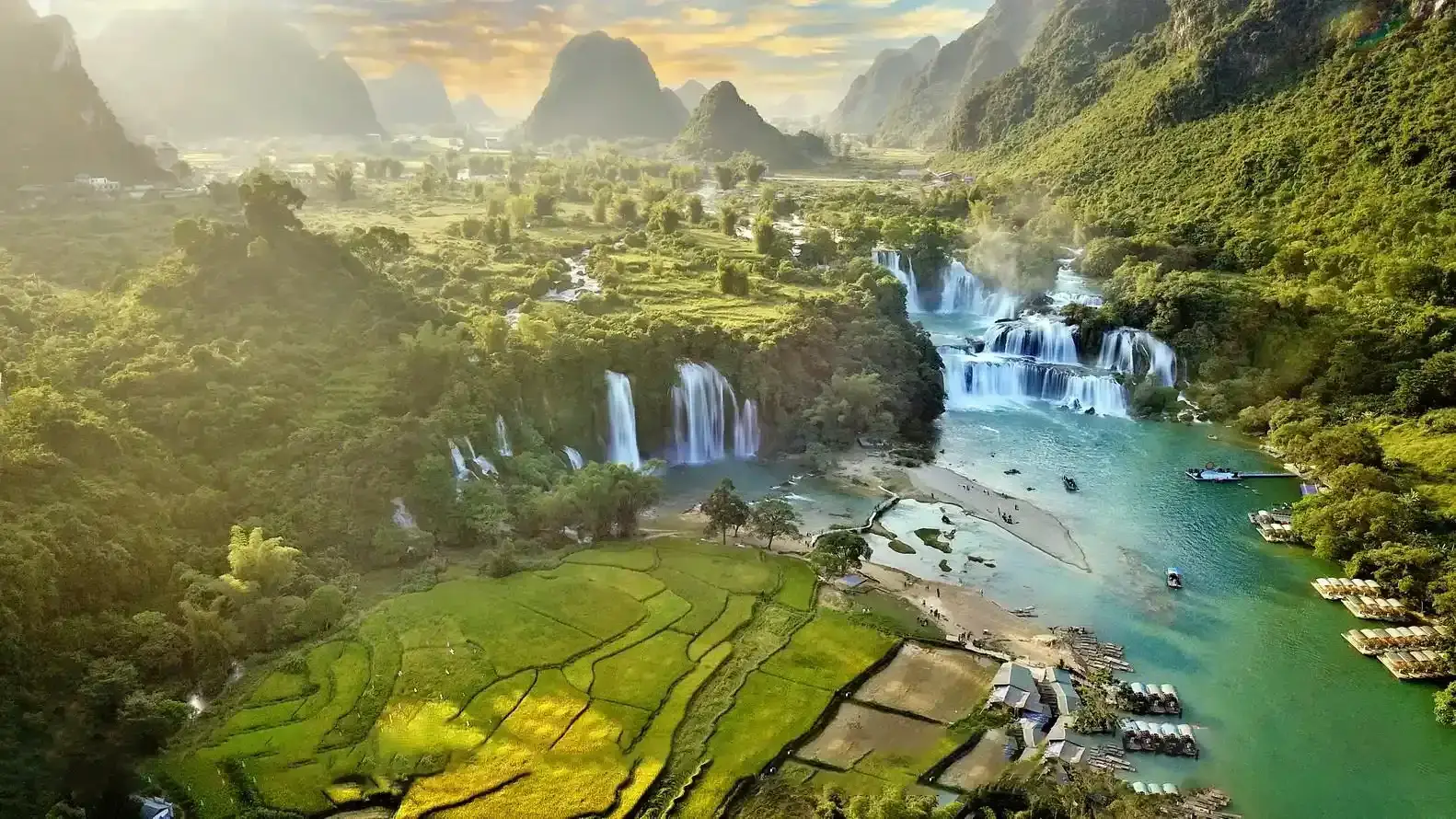 Travelers trekking safely along a forest trail to a waterfall in Vietnam