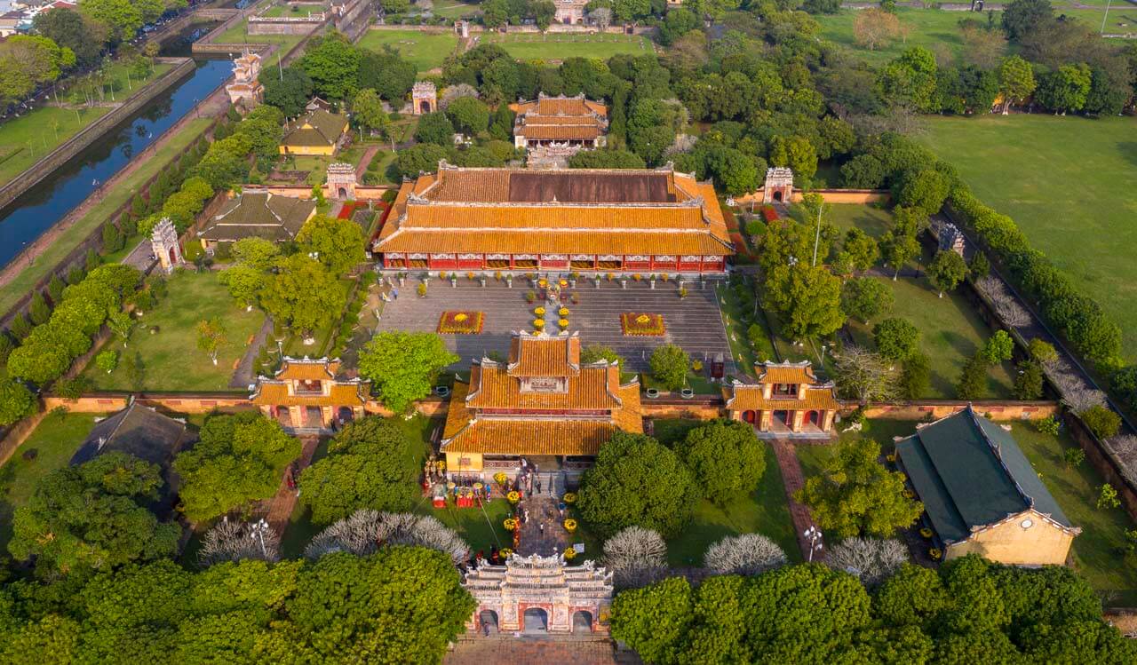 Panoramic view of Hue city with the Perfume River and historic citadel