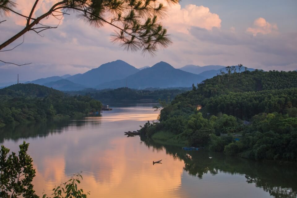 Sunset view over the Perfume River from Vong Canh Hill