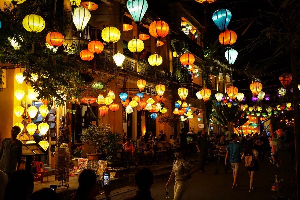 Colorful lanterns lighting the streets of Hoi An Ancient Town at night