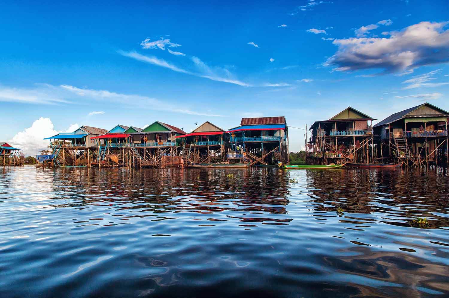 Floating houses and fishing boats on Tonle Sap Lake