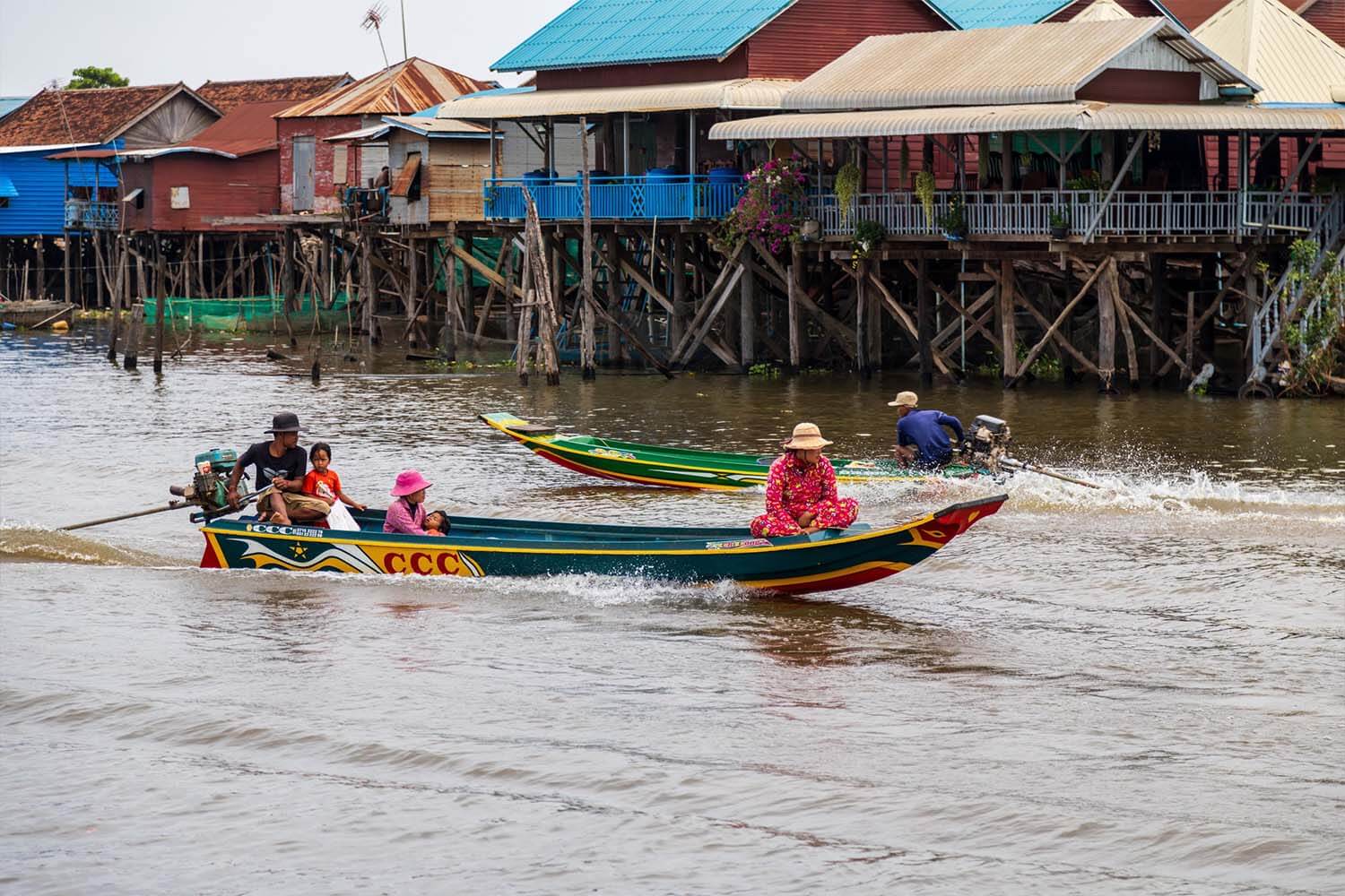Floating village houses on Tonle Sap Lake in Cambodia