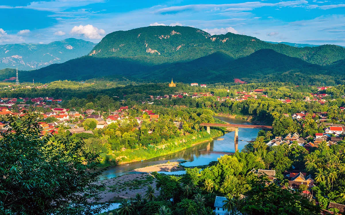 Panoramic view of Luang Prabang town with Mekong River and surrounding mountains