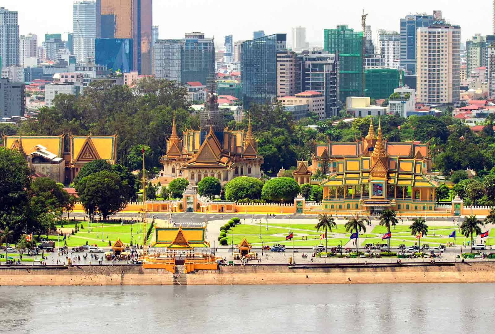 Phnom Penh city skyline with the Mekong River and urban landscape in Cambodia