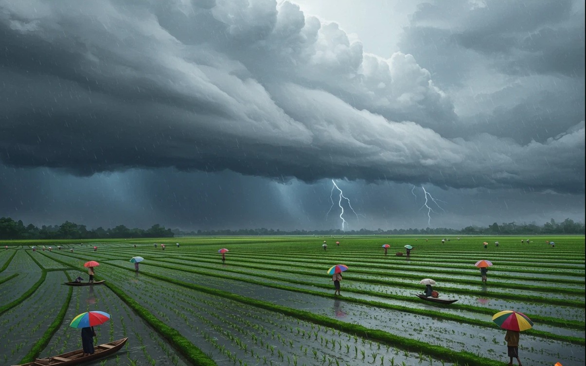 Rainfall in Laos countryside with vibrant green rice fields