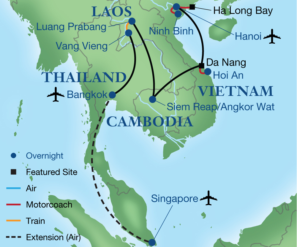 Southeast Asia travel route connecting Laos Vietnam and Cambodia